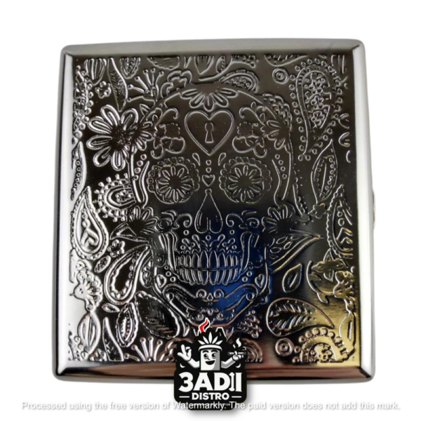 Heart Lock Skull Silver Smoke Zilla Silver Cigarette Box w/ Card Grinder (Assorted Designs) [Model#22649] *Display of 6*