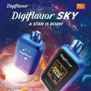 Digi Flavor Sky Disposable Vape with 25K puffs, 1.8-inch smart screen, and customizable modes in a display of 5.