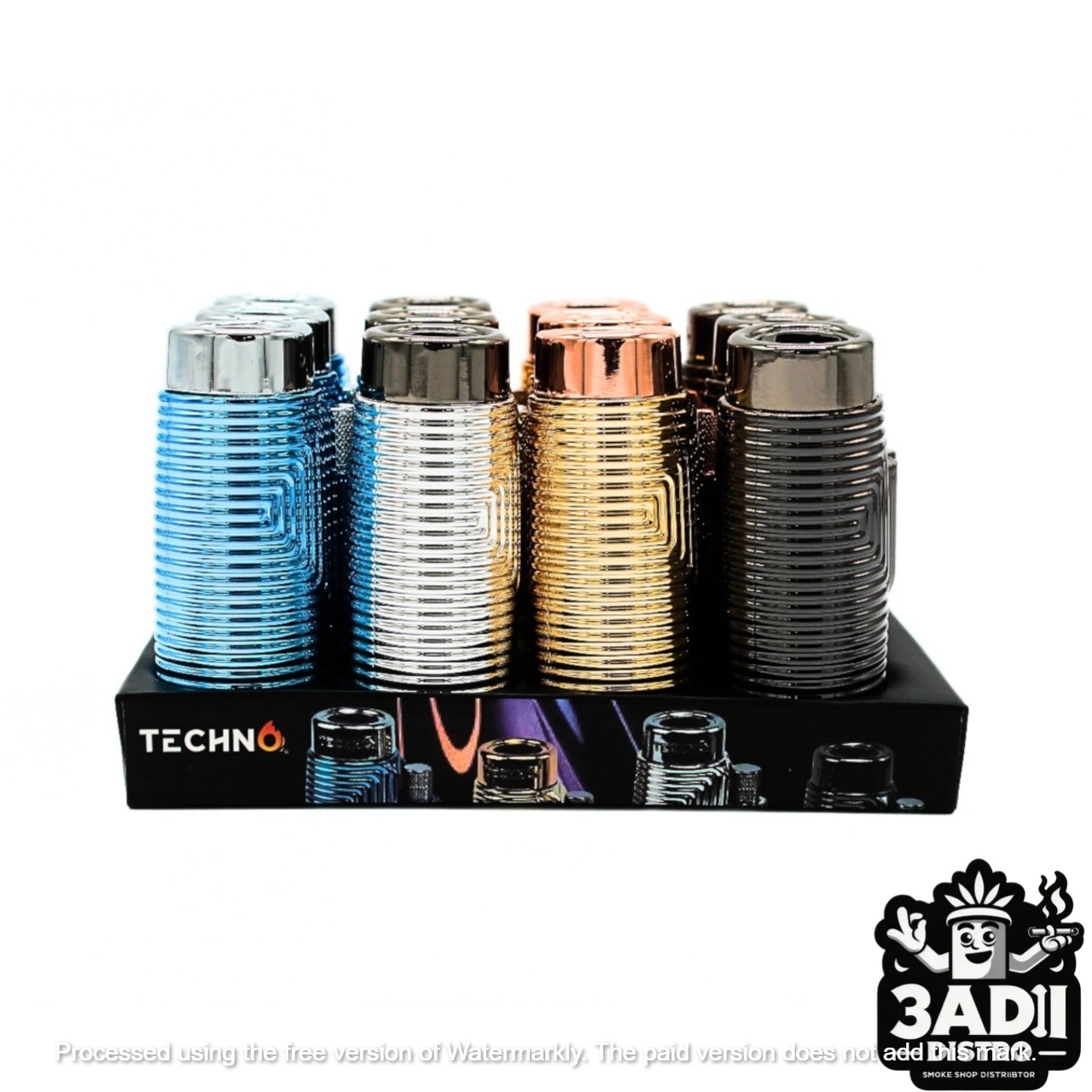 Techno Torch Rigid Triple Flame Lighters Assorted Metallic Colors Display of 12Model00266 2 53222 1 Techno Torch Rigid Triple Flame Lighters (Assorted Metallic Colors) *Display of 12* [Model# 00266]